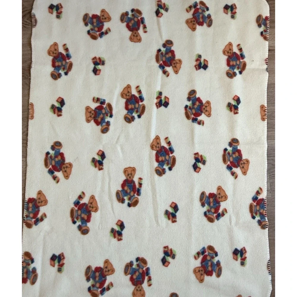 Spring Industries Vtg Blue Jean Teddy Bear Fleece Baby Blanket Blocks 29x40 Crib